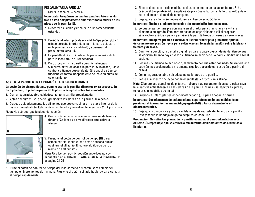 George Foreman GRP72CTTSBQ, GRP72CTTSRQ, GRP72CTTSQ manual Precalentar LA Parrilla, Placas de la parrilla E 