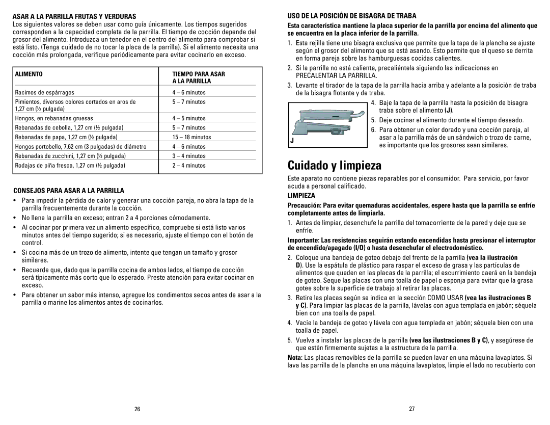 George Foreman GRP72CTTSQ manual Cuidado y limpieza, Asar a LA Parrilla Frutas Y Verduras, Consejos Para Asar a LA Parrilla 