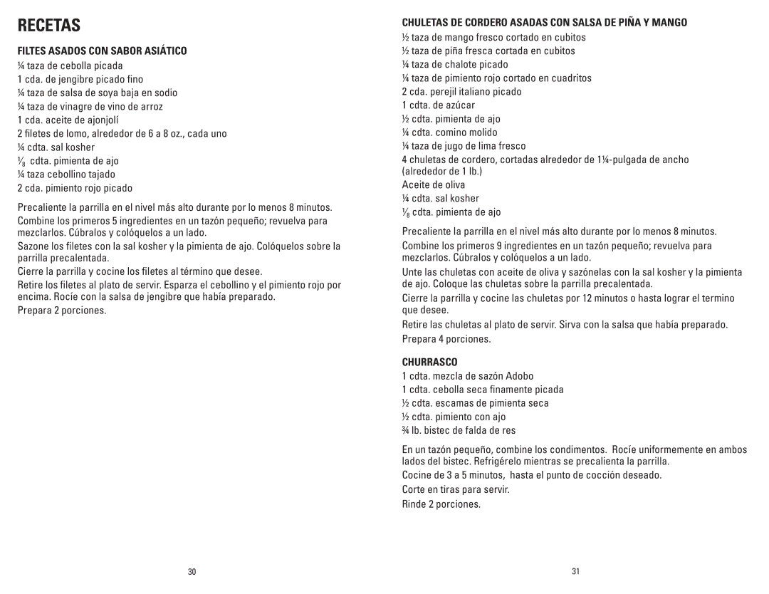 George Foreman GRP72CTTSBQ manual Filtes Asados CON Sabor Asiático, Chuletas DE Cordero Asadas CON Salsa DE Piña Y Mango 