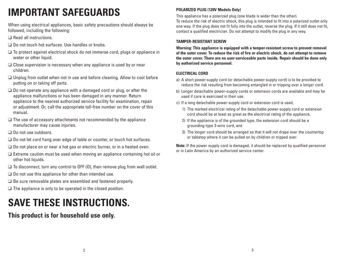 George Foreman GRP72CTTSQ, GRP72CTTSBQ, GRP72CTTSRQ Polarized Plug 120V Models Only, TAMPER-RESISTANT Screw Electrical Cord 