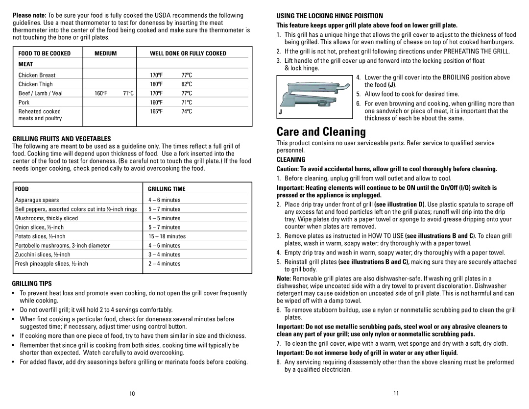 George Foreman GRP72CTTSQ, GRP72CTTSBQ, GRP72CTTSRQ manual Care and Cleaning, Grilling Fruits and Vegetables, Grilling Tips 