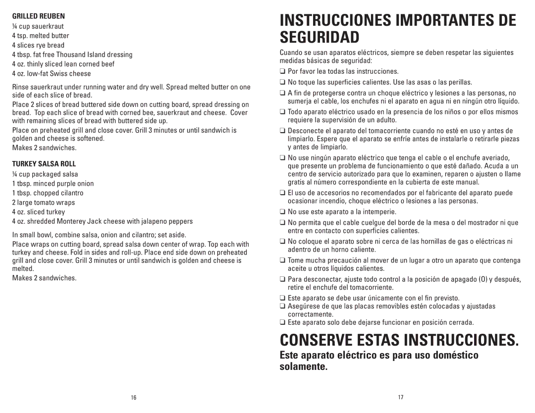 George Foreman GRP72CTTSRQ, GRP72CTTSBQ, GRP72CTTSQ manual Grilled Reuben, Turkey Salsa Roll 