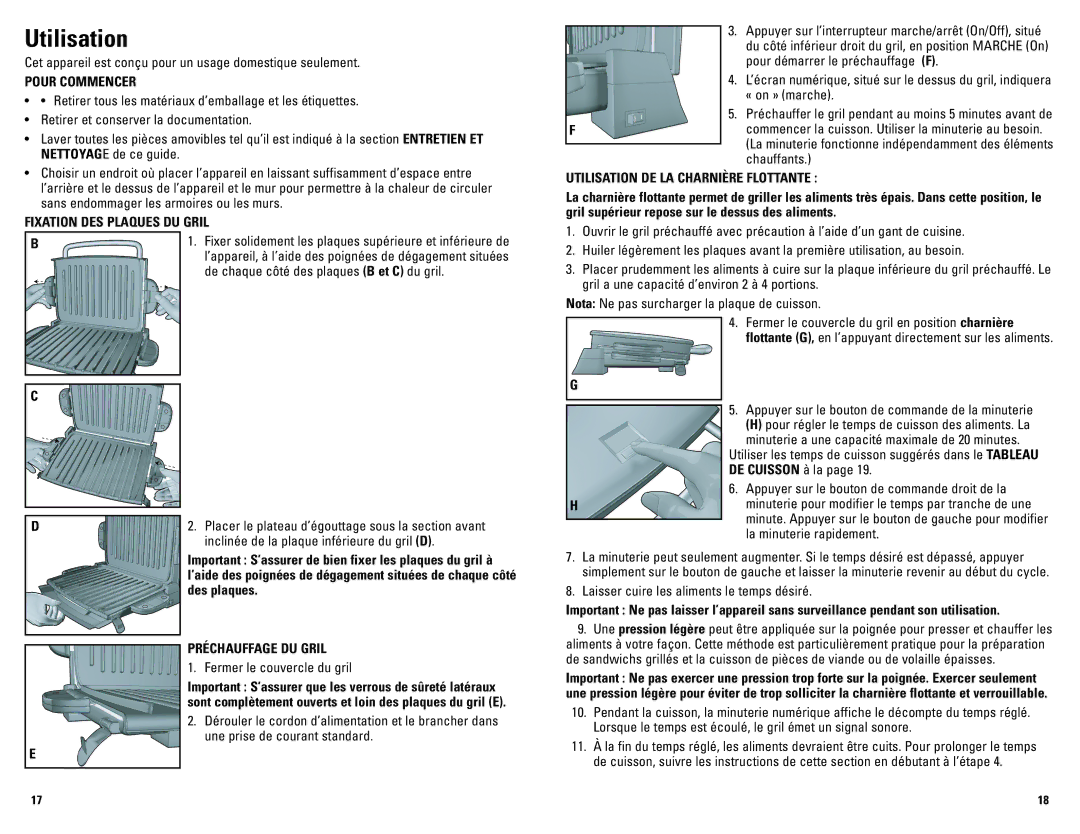 George Foreman GRP72CTTSCAN manual Utilisation, Pour Commencer, Fixation DES Plaques DU Gril, Préchauffage DU Gril 