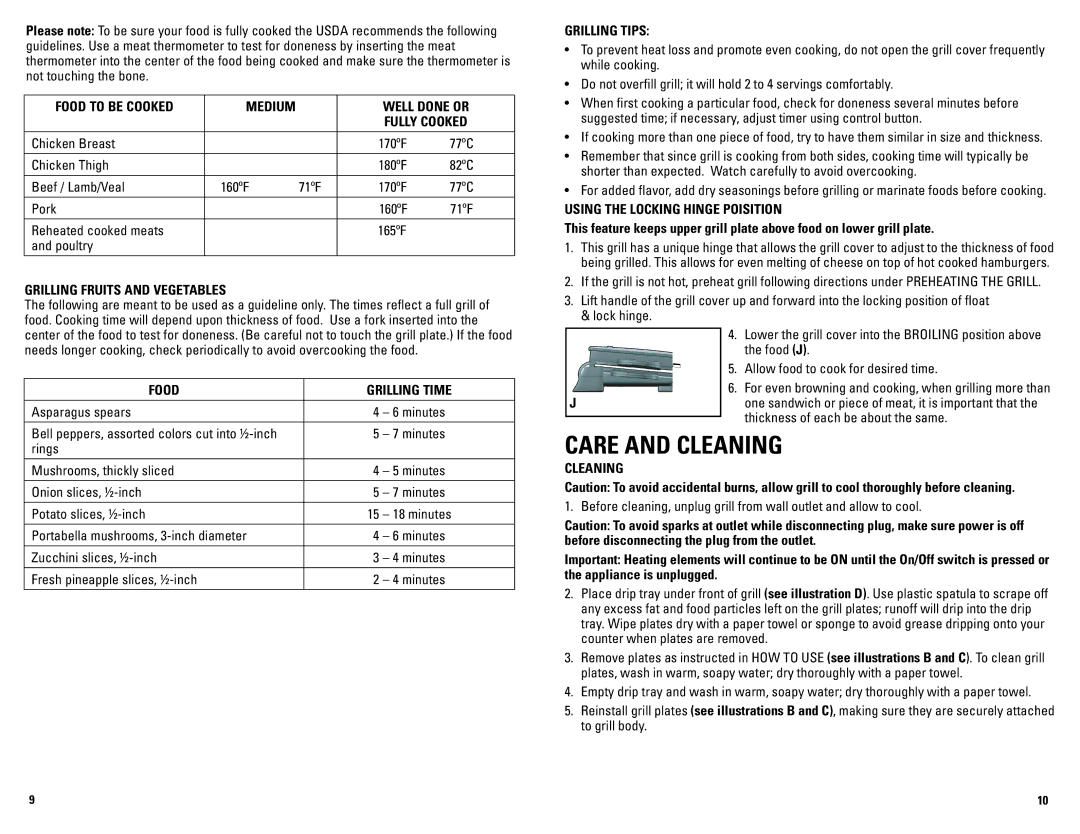 George Foreman GRP72CTTSCAN manual Care and Cleaning 