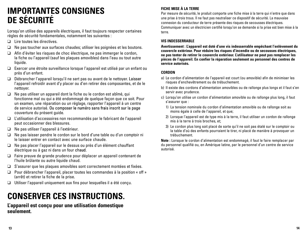 George Foreman GRP72CTTSCAN manual Fiche Mise À LA Terre, VIS Indesserrable, Cordon 