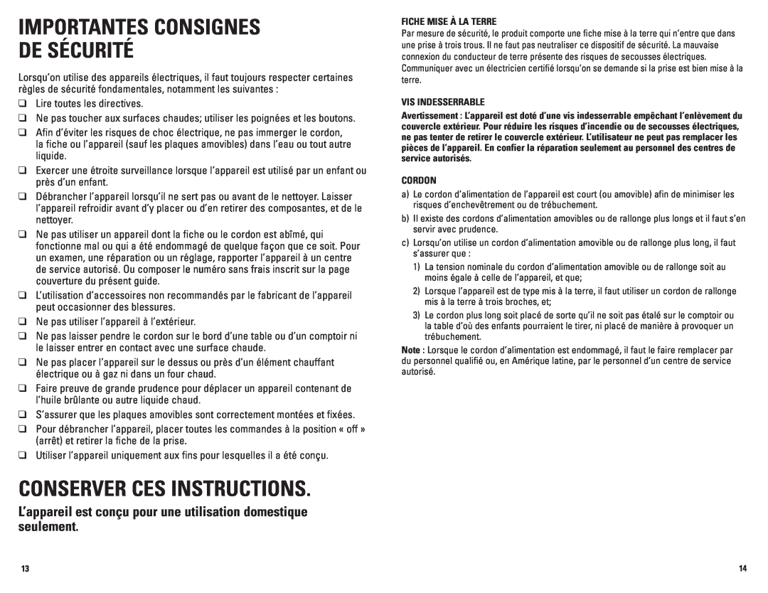 George Foreman GRP72CTTSCAN manual Importantes Consignes De Sécurité, Conserver Ces Instructions 