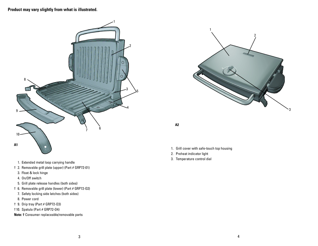 George Foreman GRP72CTVTB manual Product may vary slightly from what is illustrated 