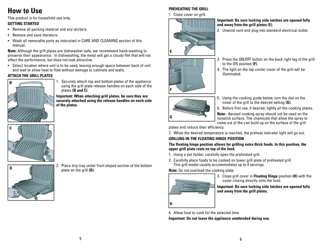 George Foreman GRP72CTVTB manual Getting Started, Preheating the Grill, Plate on the grill D 