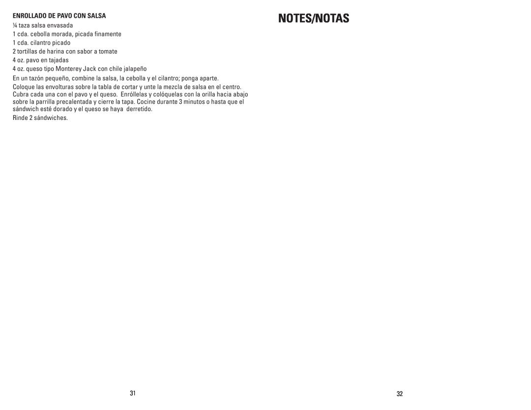George Foreman GRP72CTVTB manual Notes/Notas, Enrollado De Pavo Con Salsa 