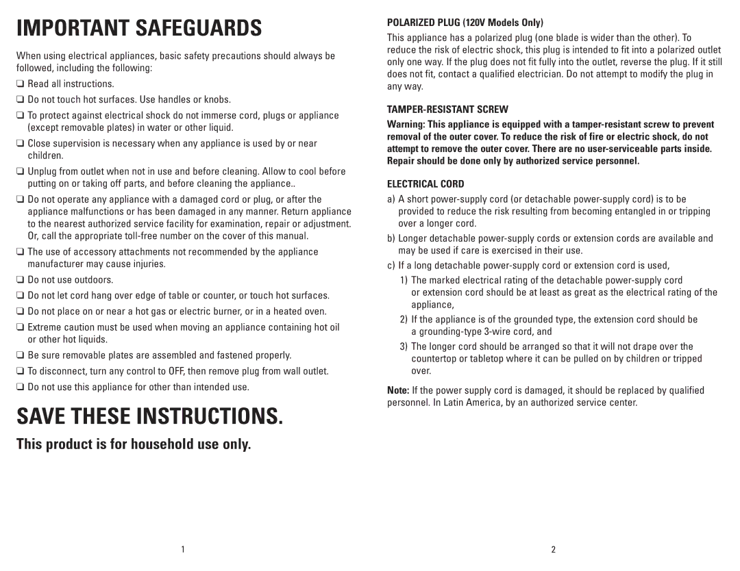 George Foreman GRP90WGWQ manual Important Safeguards, Polarized Plug 120V Models Only 