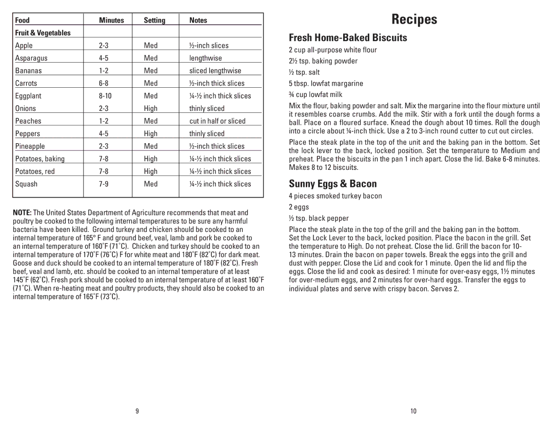 George Foreman GRP90WGWQ manual Fresh Home-Baked Biscuits, Sunny Eggs & Bacon, Food Minutes Setting, ½ tsp. salt 