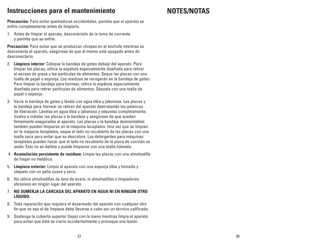 George Foreman GRP90WGRQ, GRP94WB, GRP90WGBQ, GRP93GQ, GRP94WR, GRP90WGW manual Instrucciones para el mantenimiento 