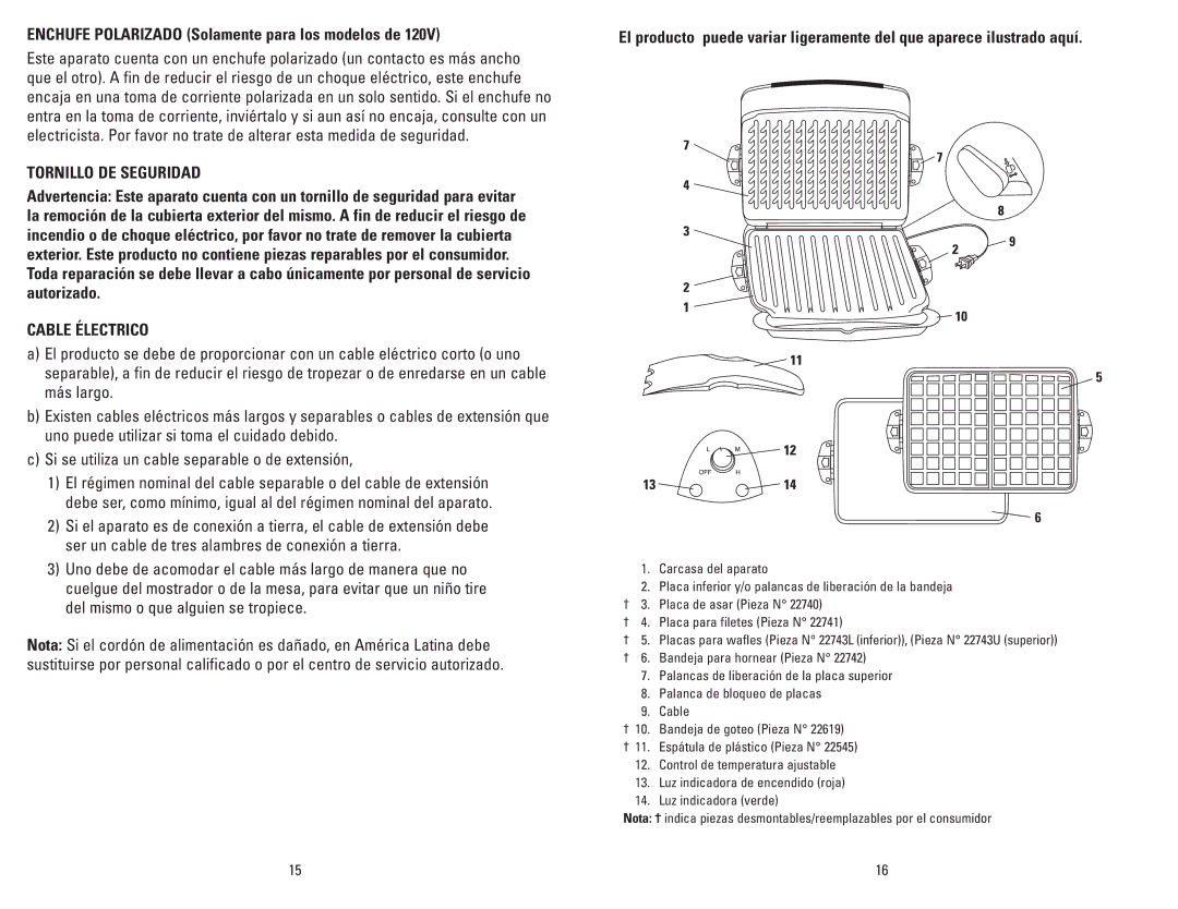 George Foreman GRP90WGBQ, GRP94WB, GRP93GQ manual Enchufe Polarizado Solamente para los modelos de, Tornillo DE Seguridad 