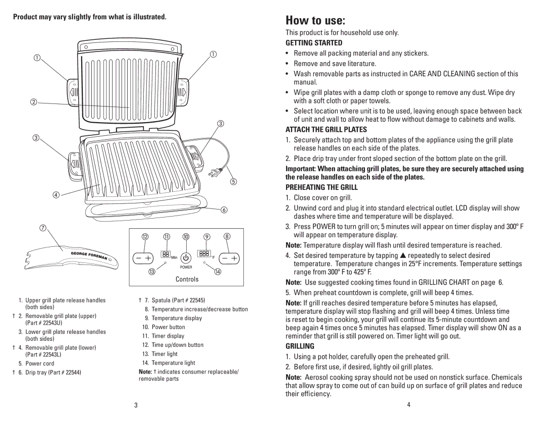 George Foreman GRP99SB manual How to use, Getting Started, Attach the Grill Plates, Preheating the Grill, Grilling 