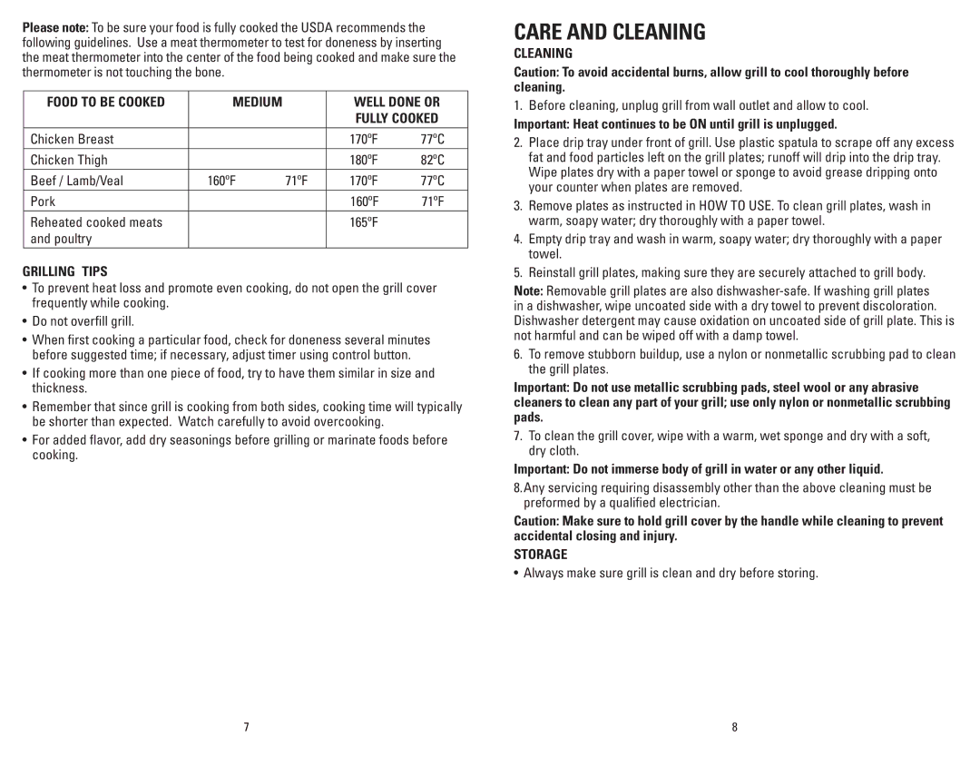 George Foreman GRP99SB manual Care and Cleaning 