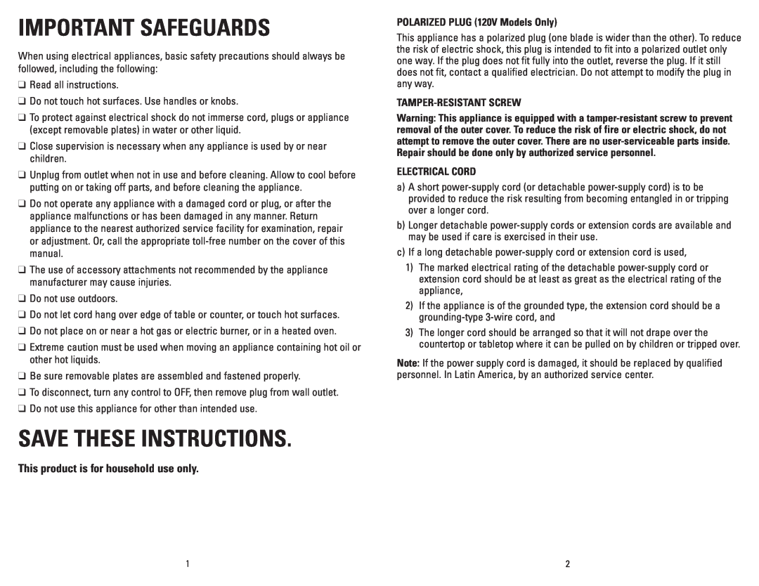 George Foreman GRP99SB manual This product is for household use only, Important Safeguards, Save These Instructions 