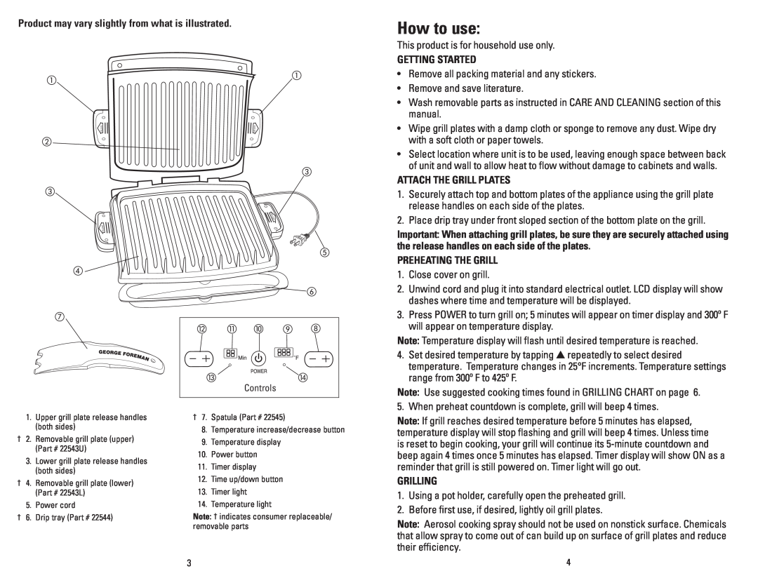 George Foreman GRP99SB manual How to use, Product may vary slightly from what is illustrated, Getting Started, Grilling 