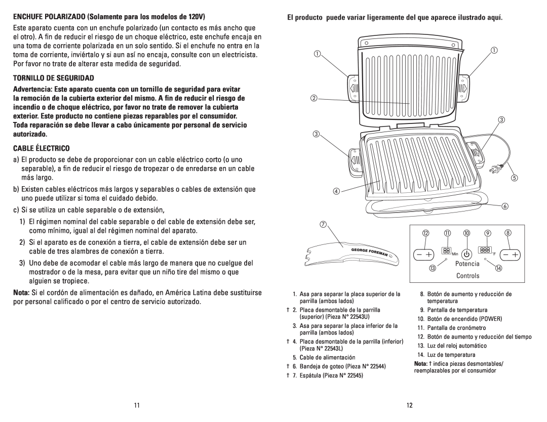 George Foreman GRP99SB manual ENCHUFE POLARIZADO Solamente para los modelos de, Tornillo De Seguridad, Cable Électrico 