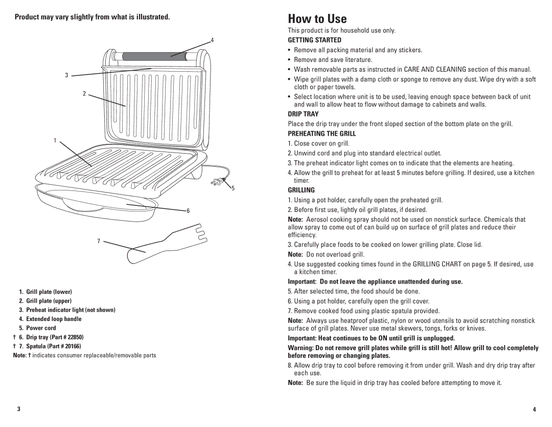 George Foreman GRV120BCAN, GRV80CAN manual Getting Started, Drip Tray, Preheating the Grill, Grilling 