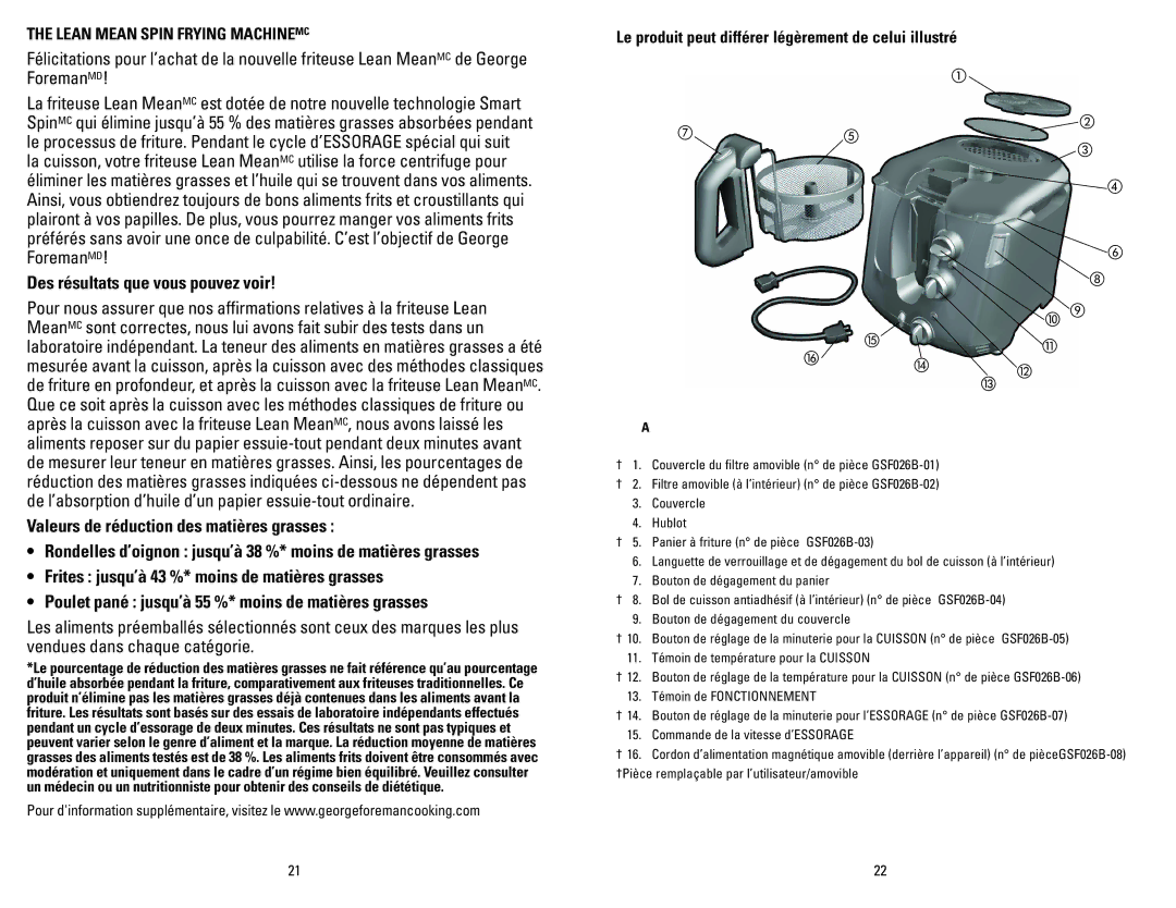 George Foreman GSF026BC manual Lean Mean Spin Frying Machinemc, Le produit peut différer légèrement de celui illustré 