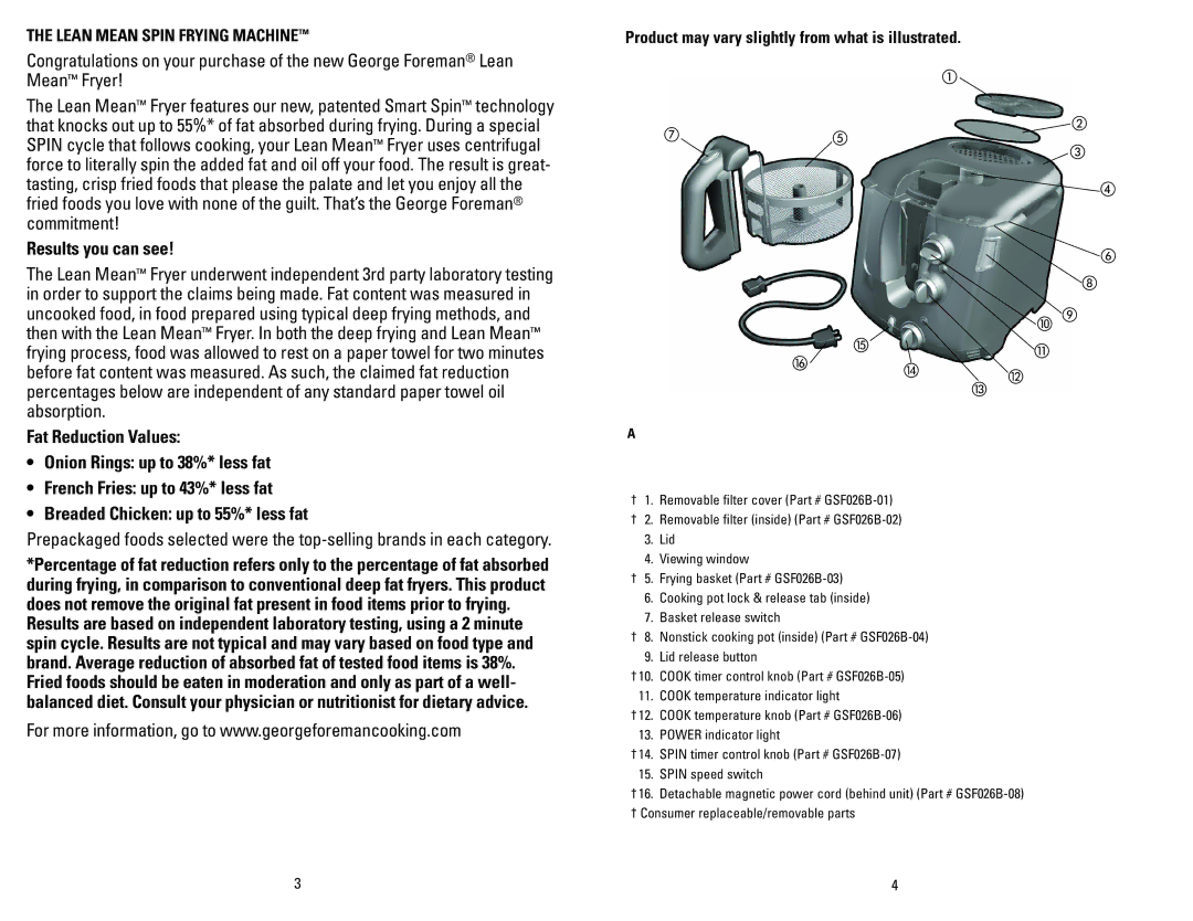 George Foreman GSF026BC manual Results you can see, Lean Mean Spin Frying Machine 