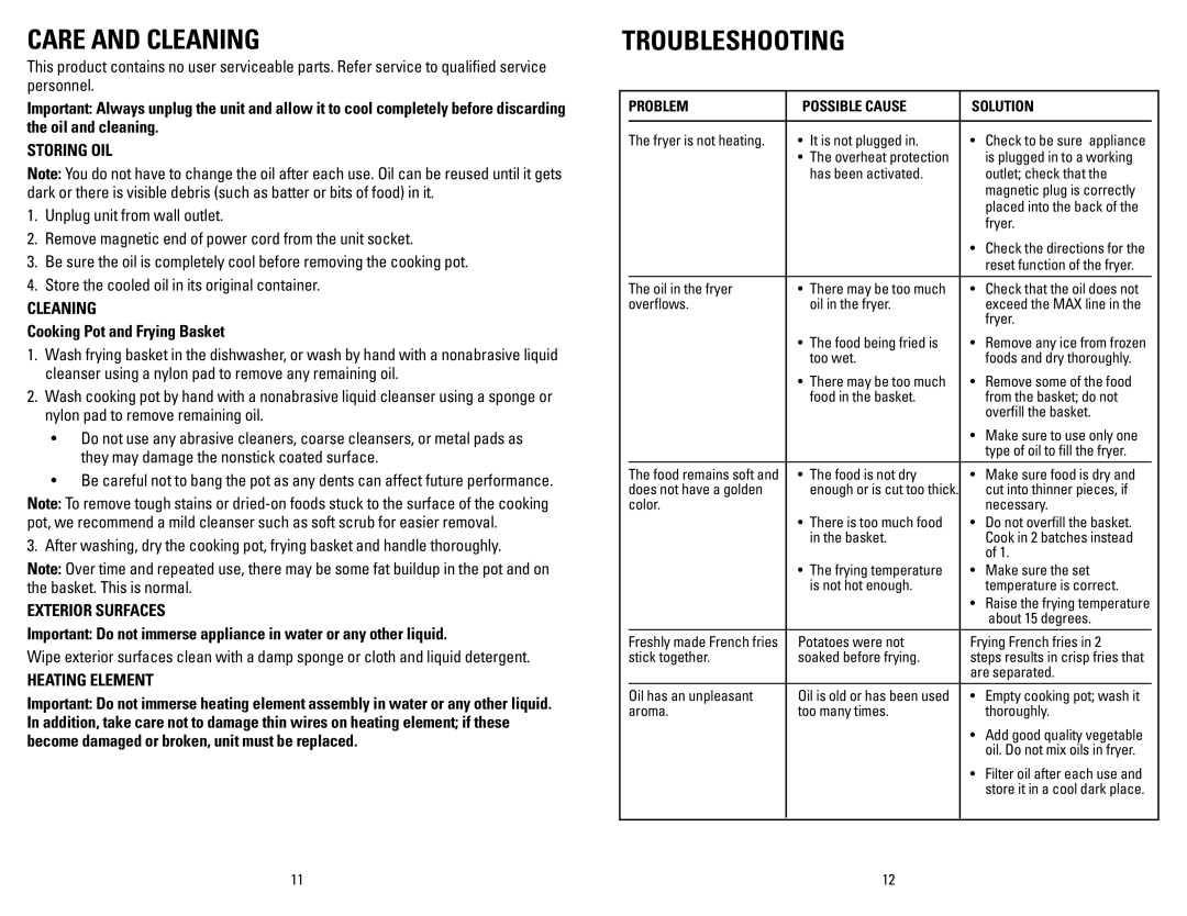 George Foreman GSF026BC manual Care and Cleaning, Troubleshooting 