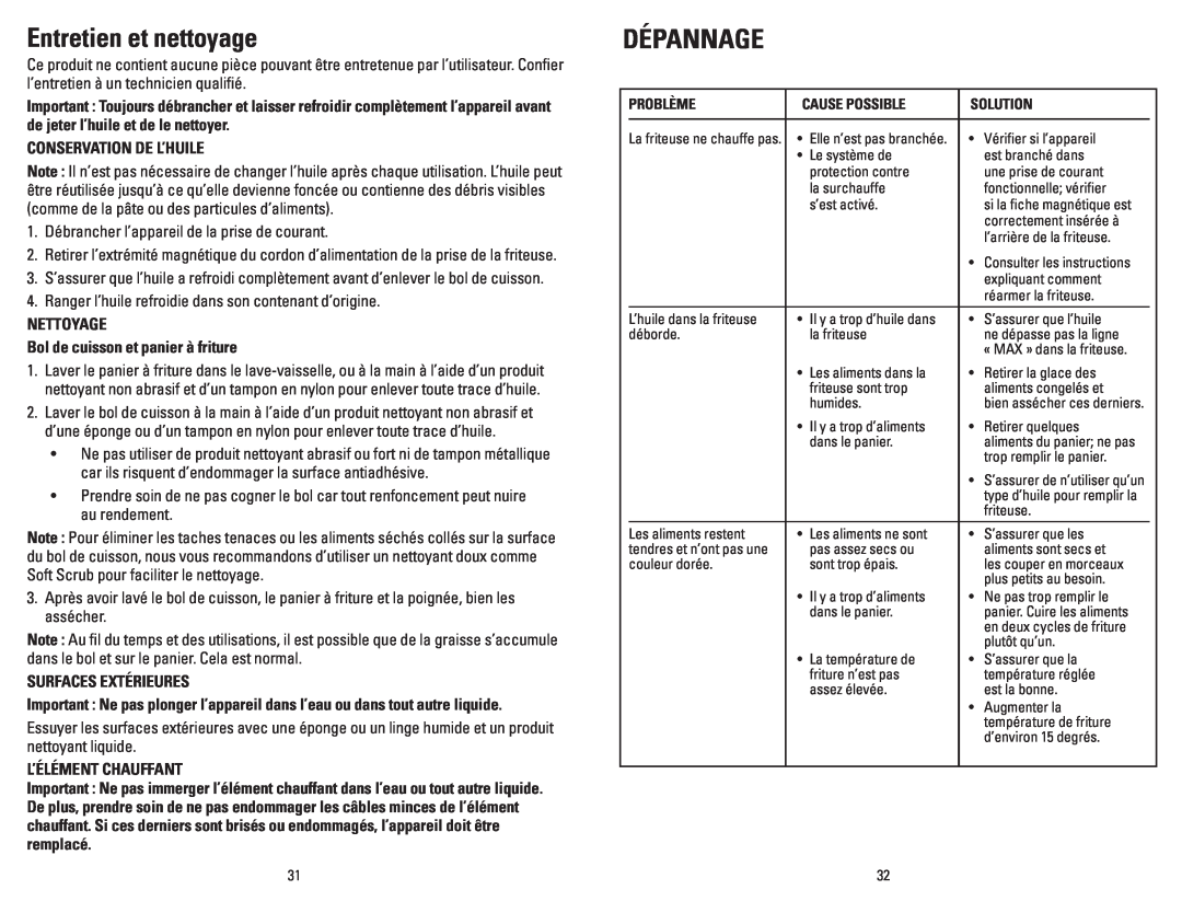 George Foreman GSF026BC manual Entretien et nettoyage, Dépannage, Conservation De L’Huile, Surfaces Extérieures 