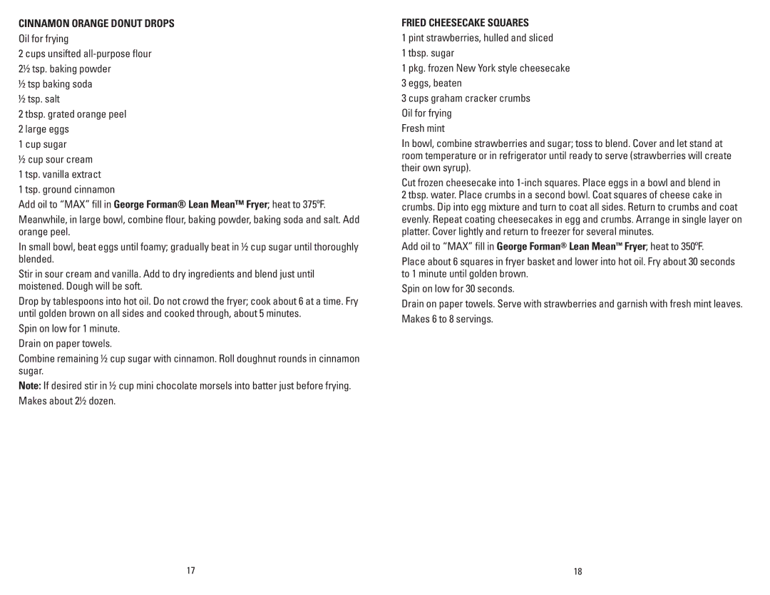 George Foreman GSF026BQVC manual Cinnamon Orange Donut Drops, Fried Cheesecake Squares 