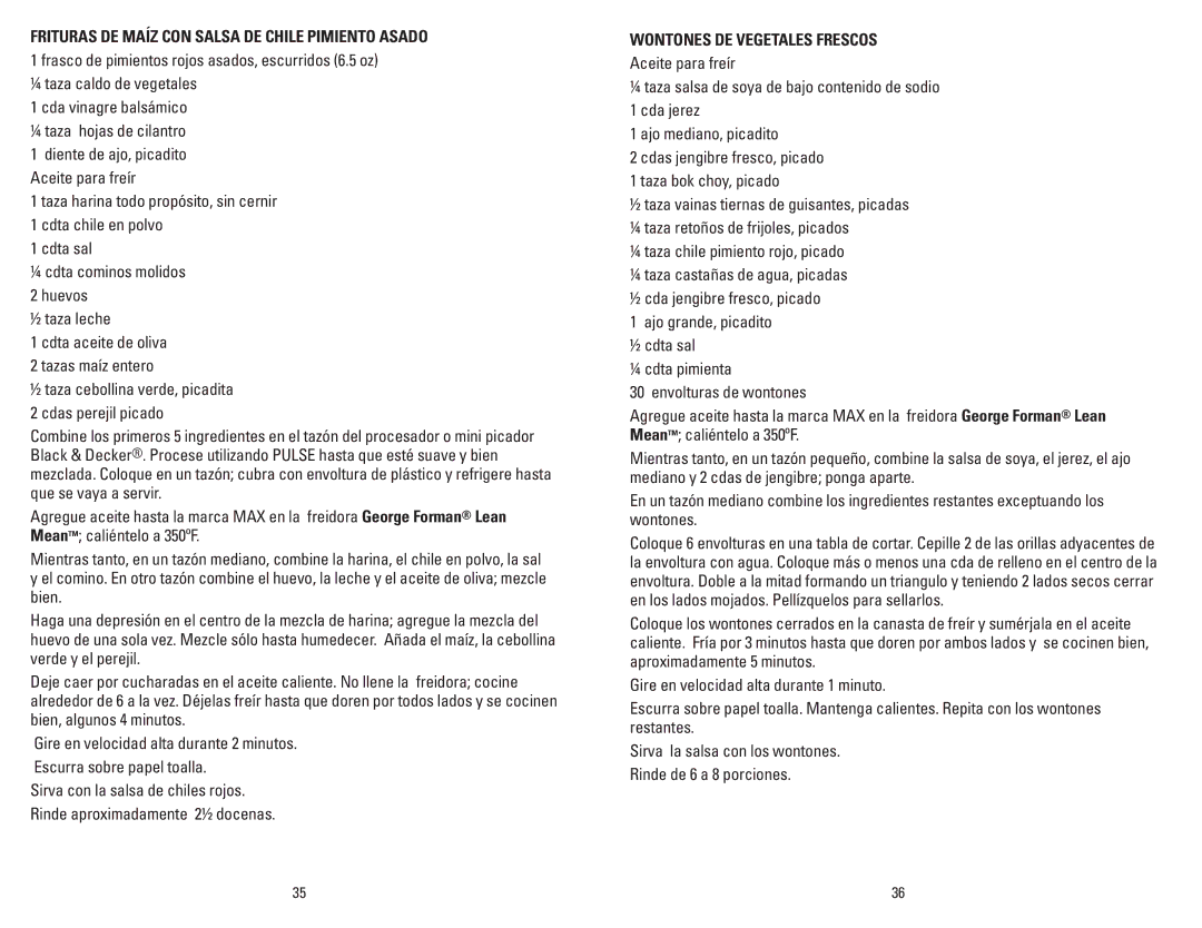 George Foreman GSF026BQVC manual Frituras DE Maíz CON Salsa DE Chile Pimiento Asado, Wontones DE Vegetales Frescos 