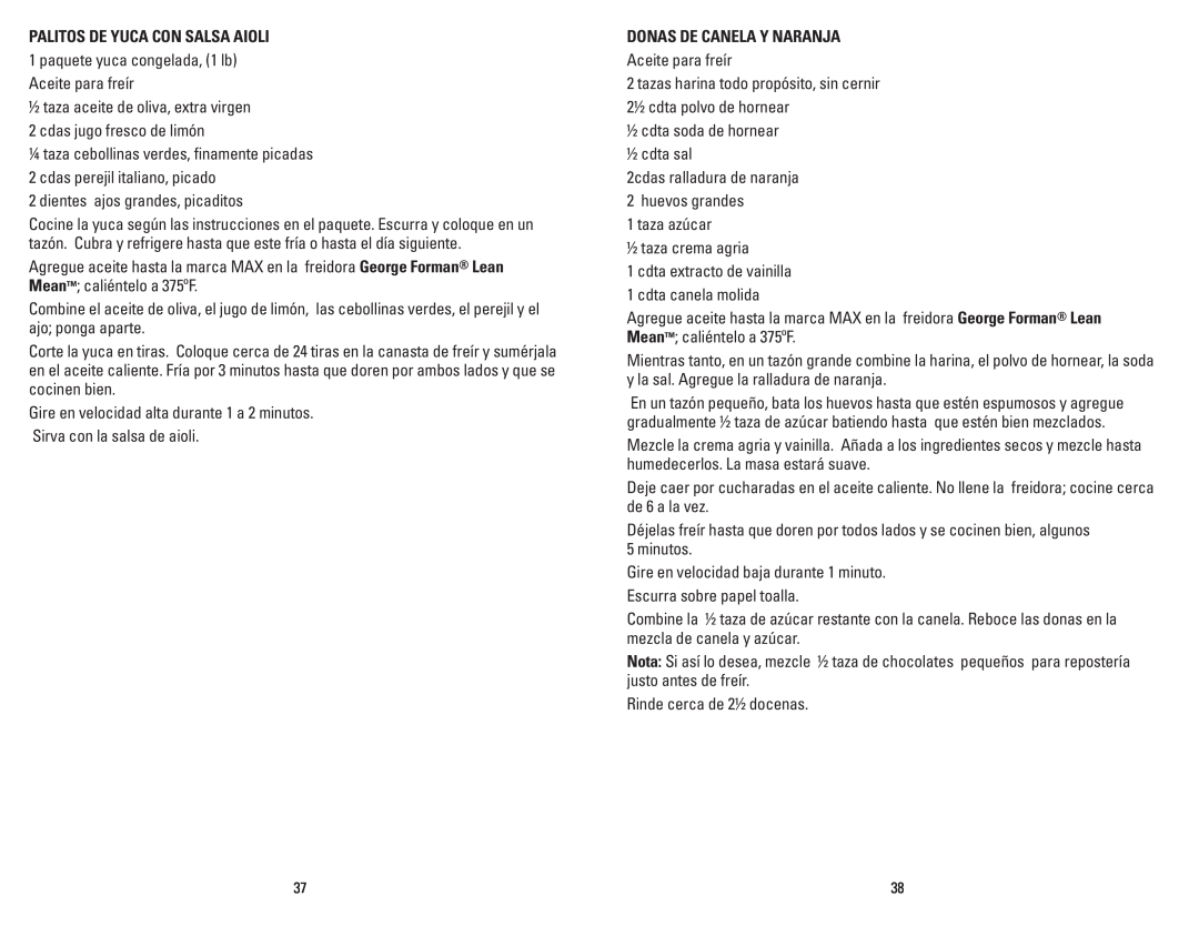 George Foreman GSF026BQVC manual Palitos De Yuca Con Salsa Aioli, Donas De Canela Y Naranja 