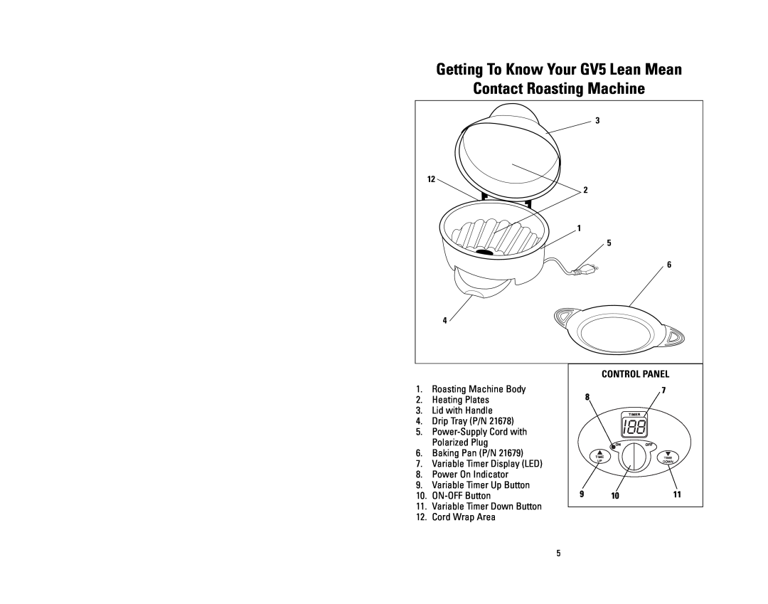 George Foreman owner manual Getting To Know Your GV5 Lean Mean, Contact Roasting Machine, Control Panel, ON-OFFButton 