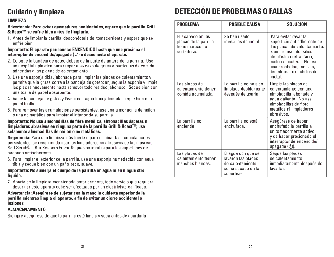 George Foreman GV6SQVC manual Cuidado y limpieza, Detección DE Probelmas O Fallas, Limpieza, Almacenamiento 