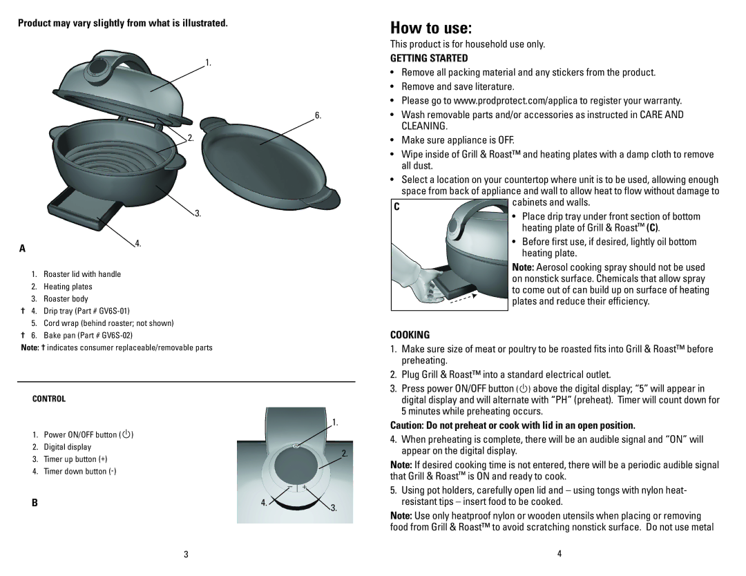 George Foreman GV6SQVC How to use, Product may vary slightly from what is illustrated, Getting Started, Cleaning, Cooking 