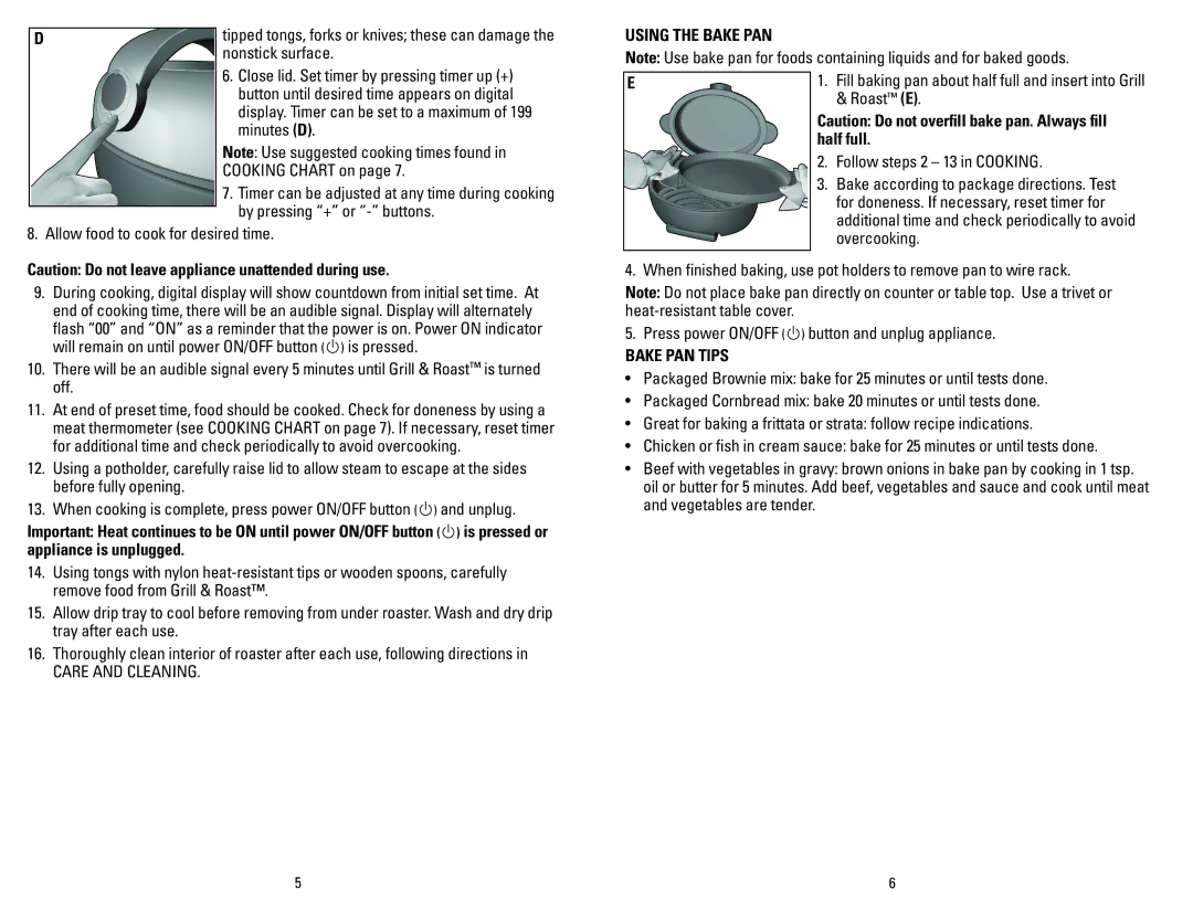 George Foreman GV6SQVC manual Using the Bake PAN, Roast E, Half full, Care and Cleaning, Bake PAN Tips 