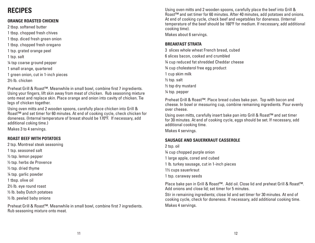 George Foreman GV6SQVC manual Recipes, Orange Roasted Chicken, Roast Beef with Potatoes, Breakfast Strata 