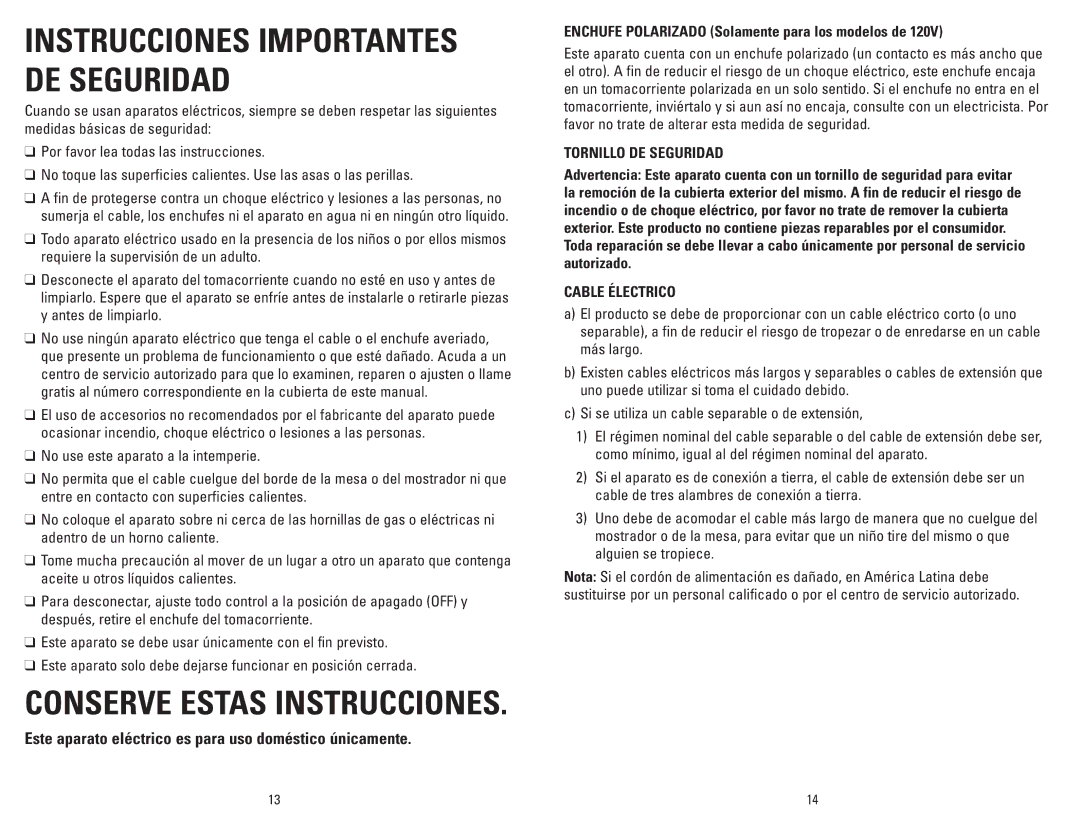 George Foreman GV6SQVC manual Enchufe Polarizado Solamente para los modelos de, Tornillo DE Seguridad, Cable Électrico 