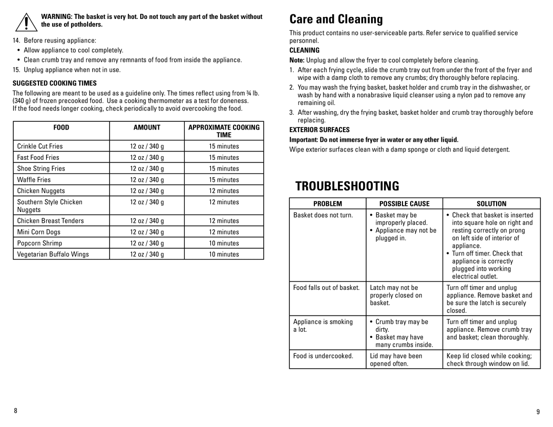 George Foreman IC300B manual Care and Cleaning 