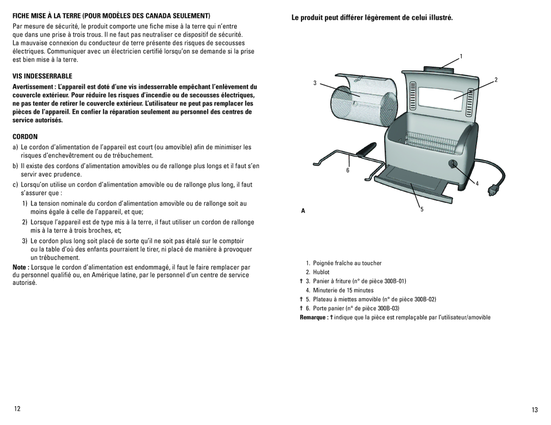 George Foreman IC300B manual Fiche Mise À LA Terre Pour Modèles DES Canada Seulement, VIS Indesserrable, Cordon 