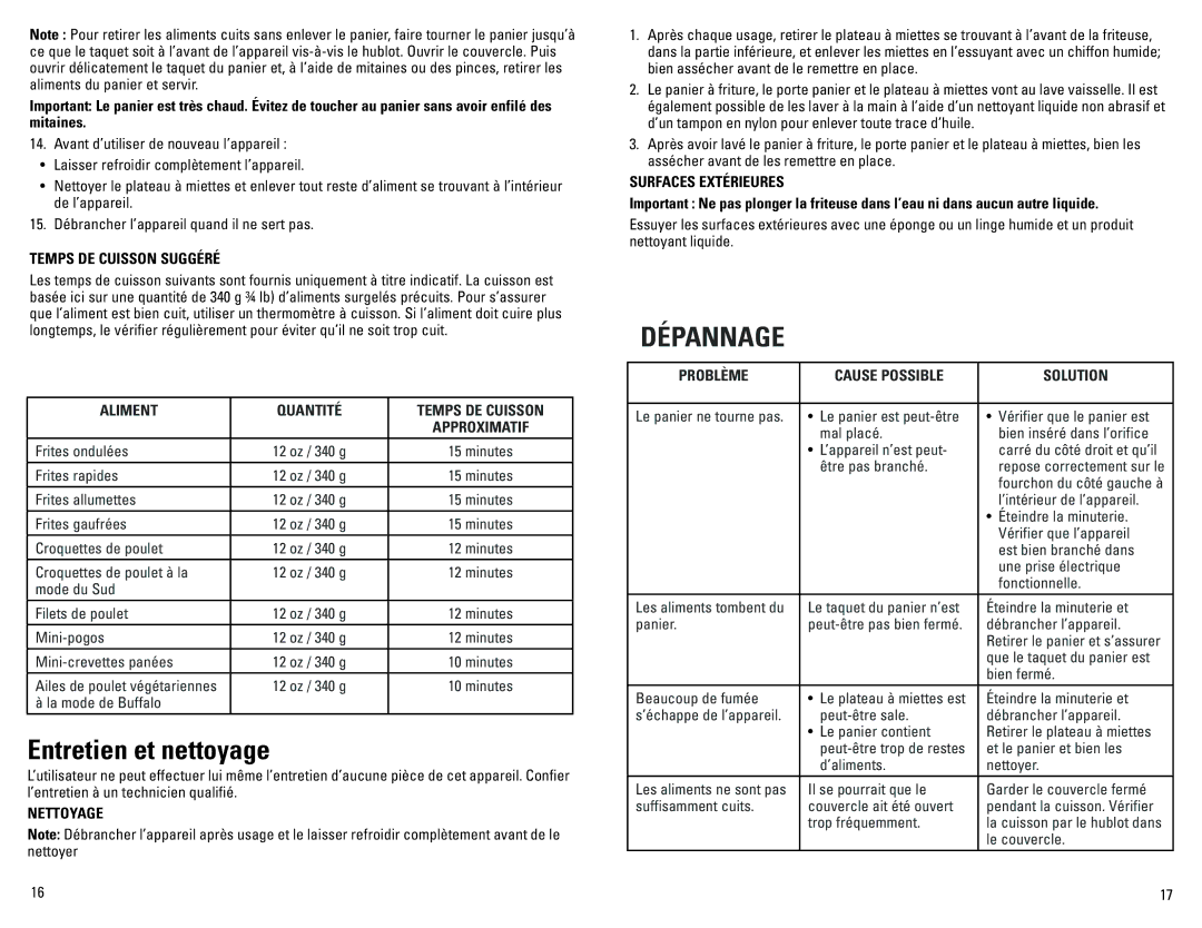 George Foreman IC300B manual Entretien et nettoyage, Temps DE Cuisson Suggéré, Nettoyage, Surfaces Extérieures 