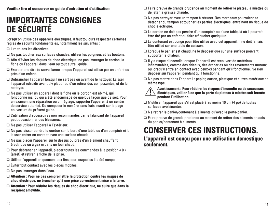 George Foreman IC300B manual Conserver Ces Instructions, Importantes Consignes De Sécurité 