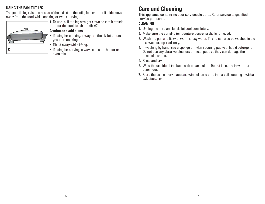 George Foreman SKG01GFB manual Care and Cleaning, Using the PAN-TILT LEG 