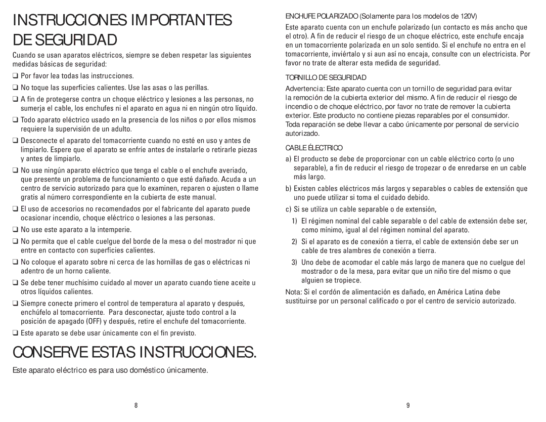 George Foreman SKG01GFB manual Enchufe Polarizado Solamente para los modelos de, Tornillo DE Seguridad, Cable Électrico 