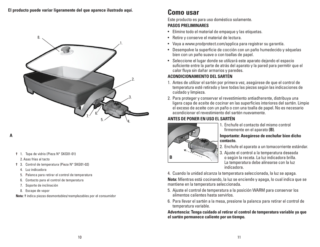 George Foreman SKG01GFB manual Como usar, Pasos Preliminares, Acondicionamiento DEL Sartén, Antes DE Poner EN USO EL Sartén 