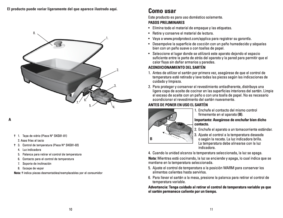 George Foreman SKG01GFB manual Como usar, Pasos Preliminares, Acondicionamiento Del Sartén, Antes De Poner En Uso El Sartén 