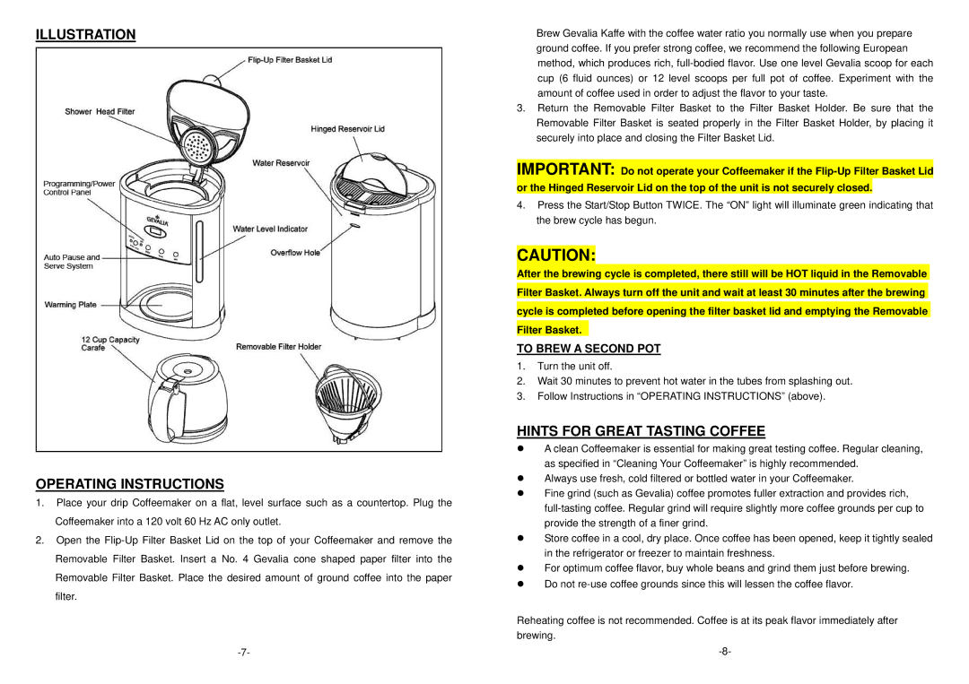 Gevalia XCC-12 warranty Illustration Operating Instructions, Hints for Great Tasting Coffee 