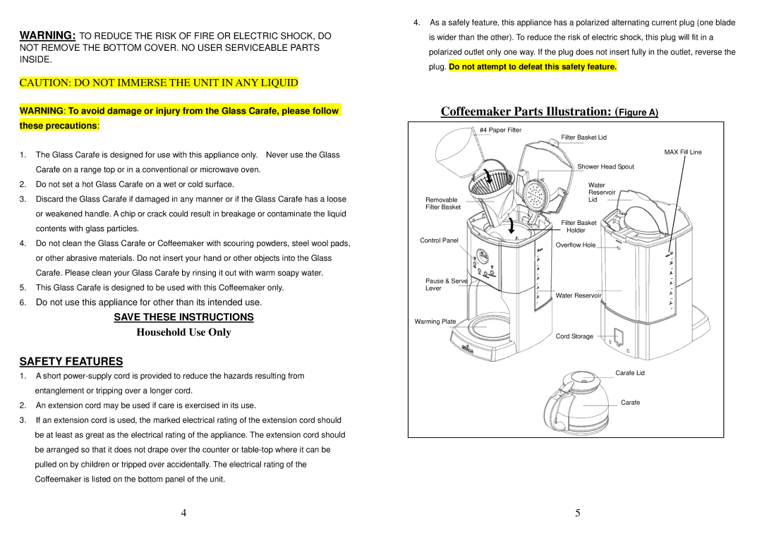 Gevalia XCE8 warranty Coffeemaker Parts Illustration Figure a, Safety Features 