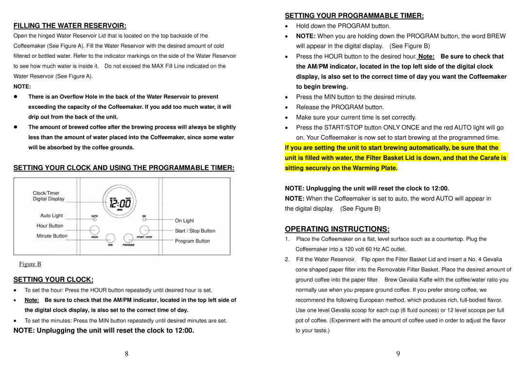 Gevalia XCE8 Operating Instructions, Filling the Water Reservoir, Setting Your Clock and Using the Programmable Timer 