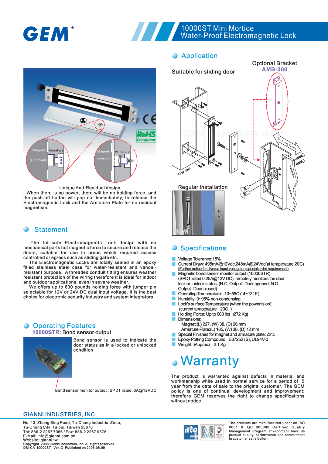 Gianni Industries warranty Warranty, 10000ST Mini Mortice Water-Proof Electromagnetic Lock, Statement, Application 