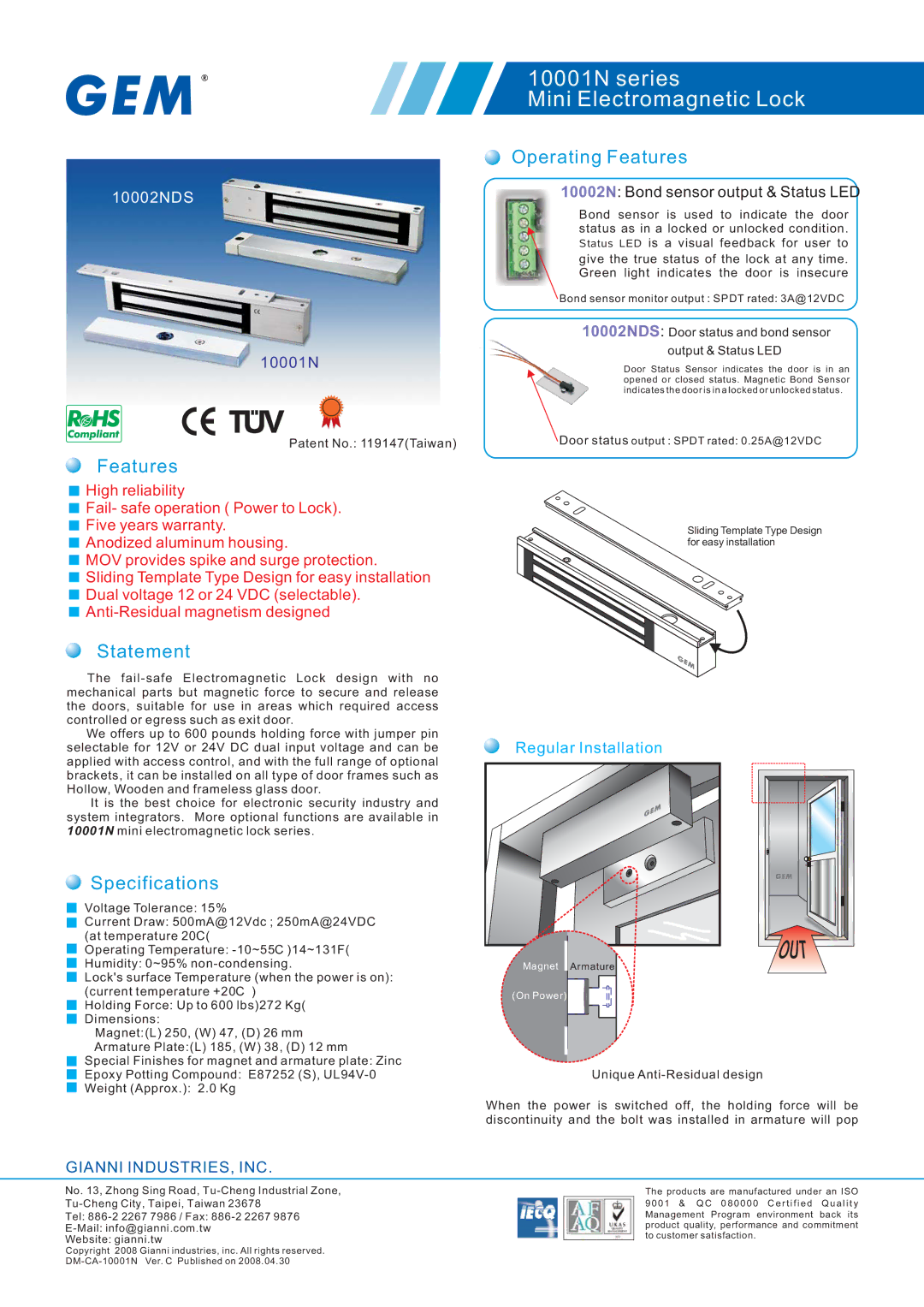 Gianni Industries 10001N series specifications Statement, Specifications, Operating Features 