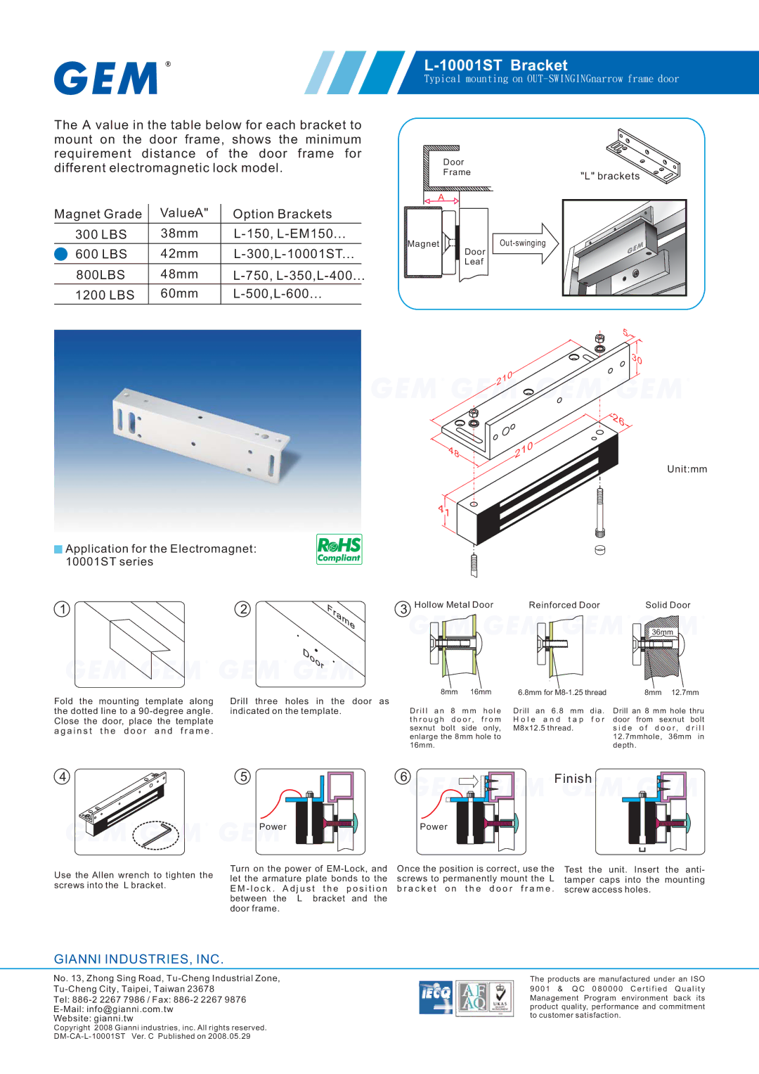 Gianni Industries 10001ST series manual 10001ST Bracket, Finish, Gianni INDUSTRIES, INC, 210 